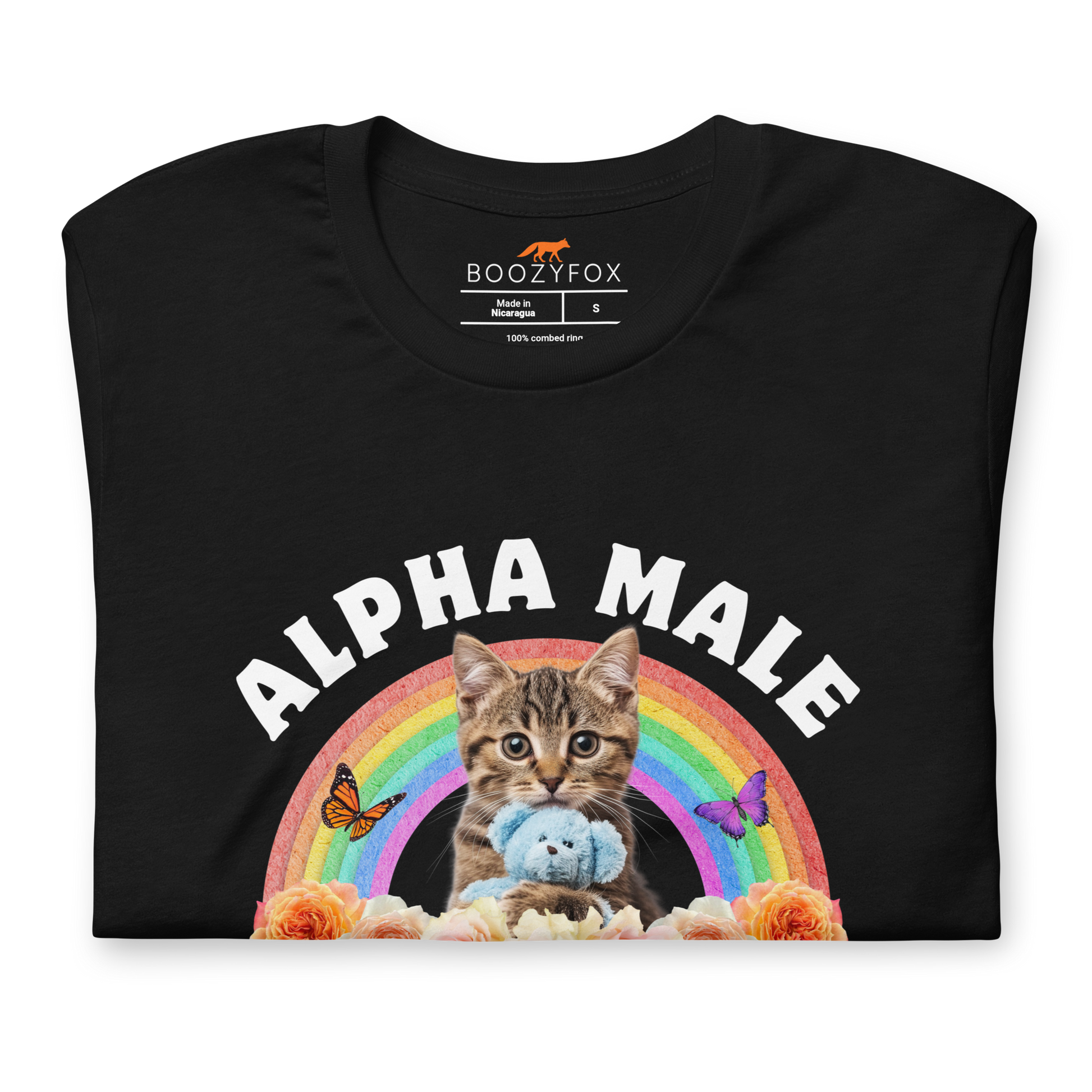 Front details of a Funny Alpha Male Cat rainbow roses lightweight graphic t-shirt in black by Boozy Fox