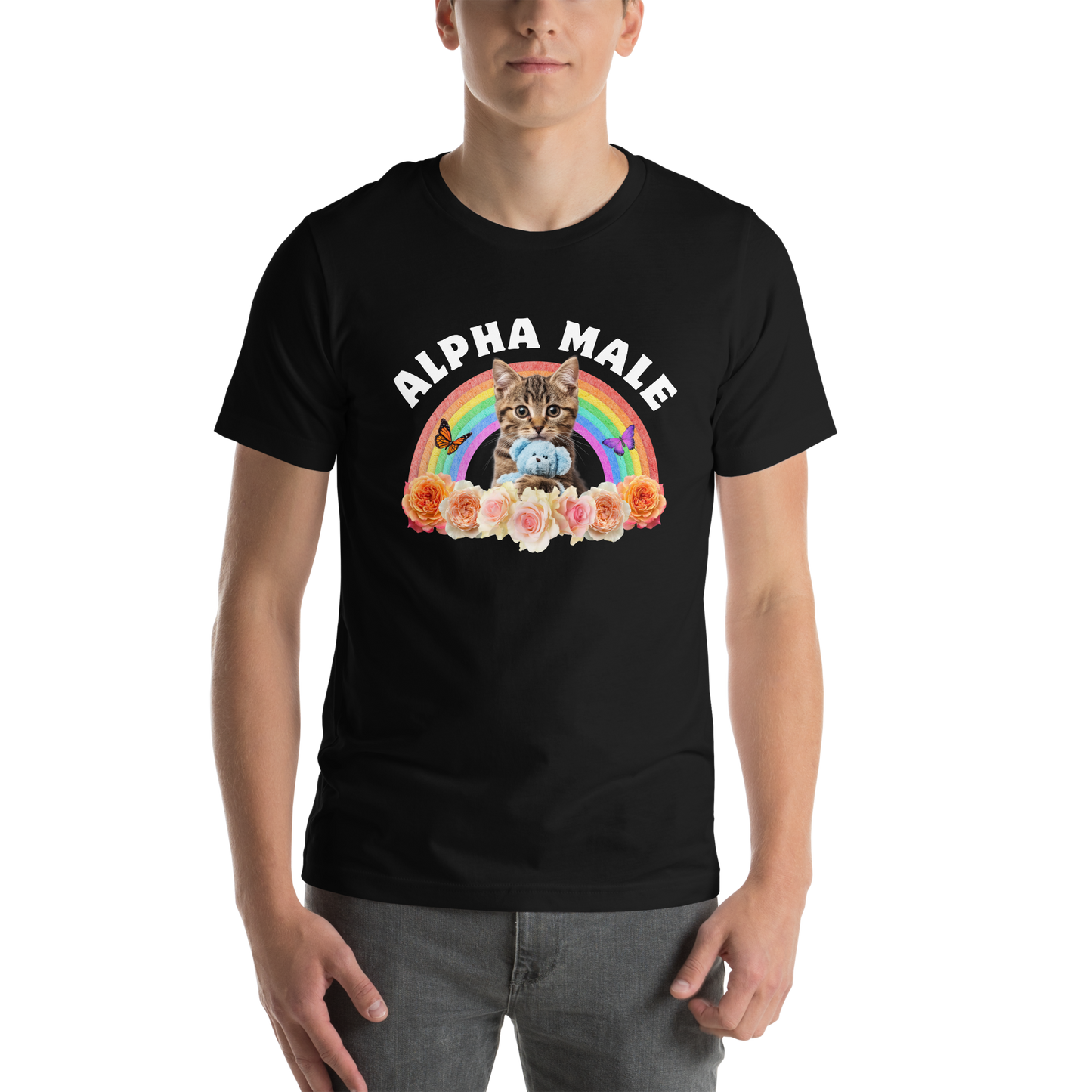 Man wearing a Funny Alpha Male Cat rainbow roses lightweight graphic t-shirt in black by Boozy Fox