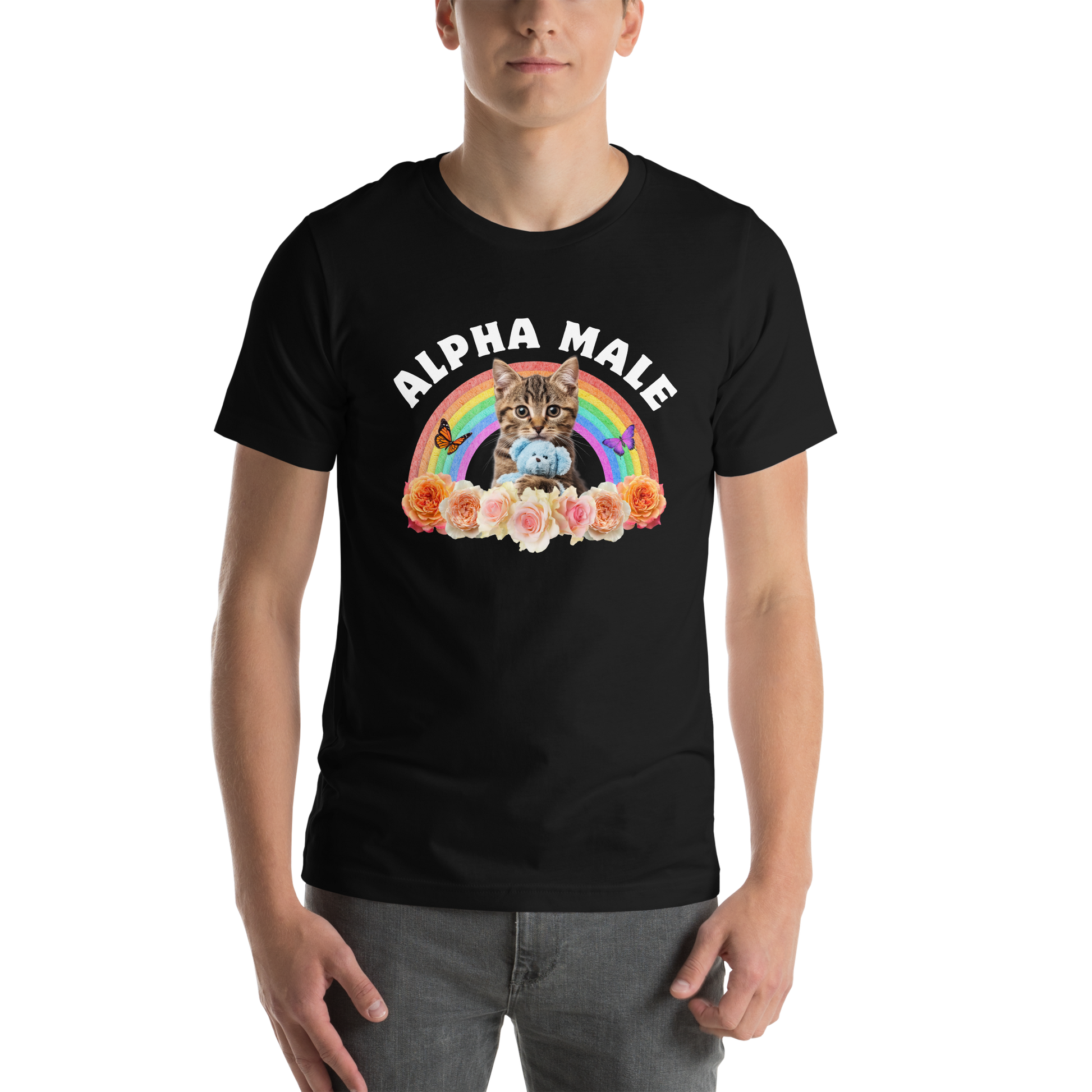 Man wearing a Funny Alpha Male Cat rainbow roses lightweight graphic t-shirt in black by Boozy Fox