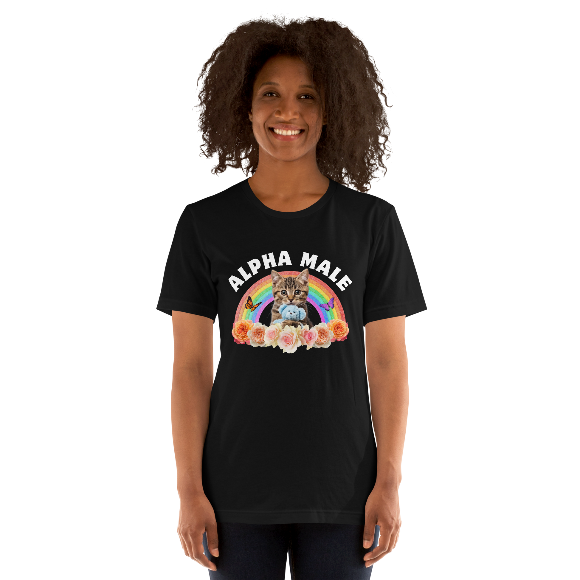 Woman wearing a Funny Alpha Male Cat rainbow roses lightweight graphic t-shirt in black by Boozy Fox