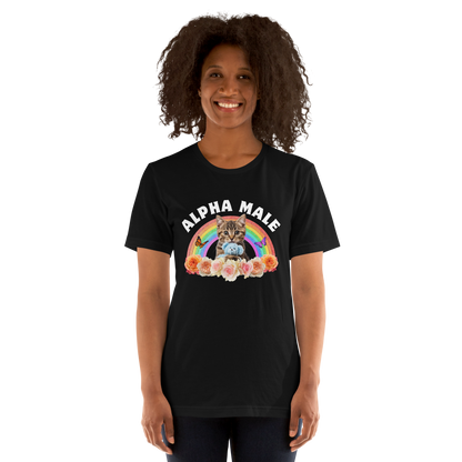 Woman wearing a Funny Alpha Male Cat rainbow roses lightweight graphic t-shirt in black by Boozy Fox