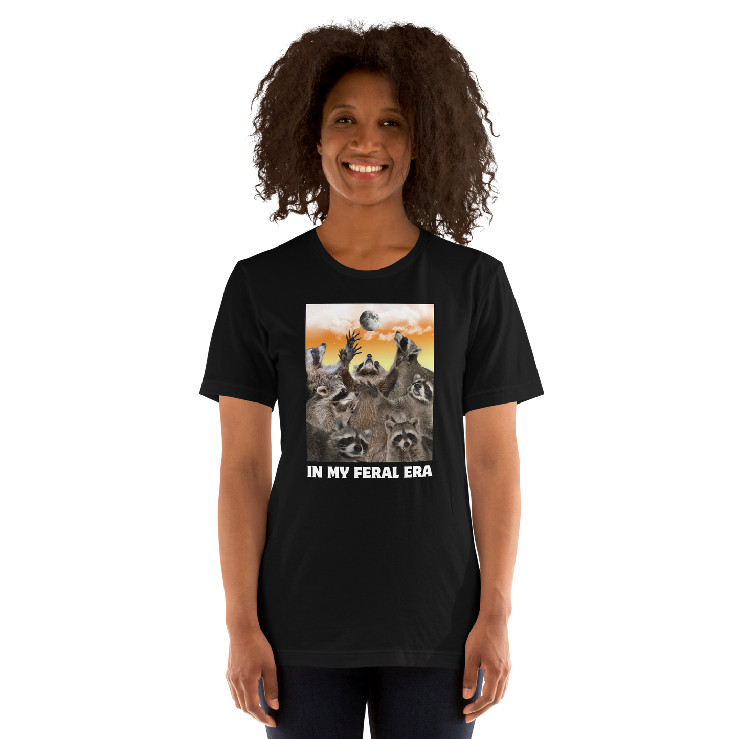 Woman wearing a Funny In My Feral Era Raccoon lightweight graphic t-shirt in black by Boozy Fox