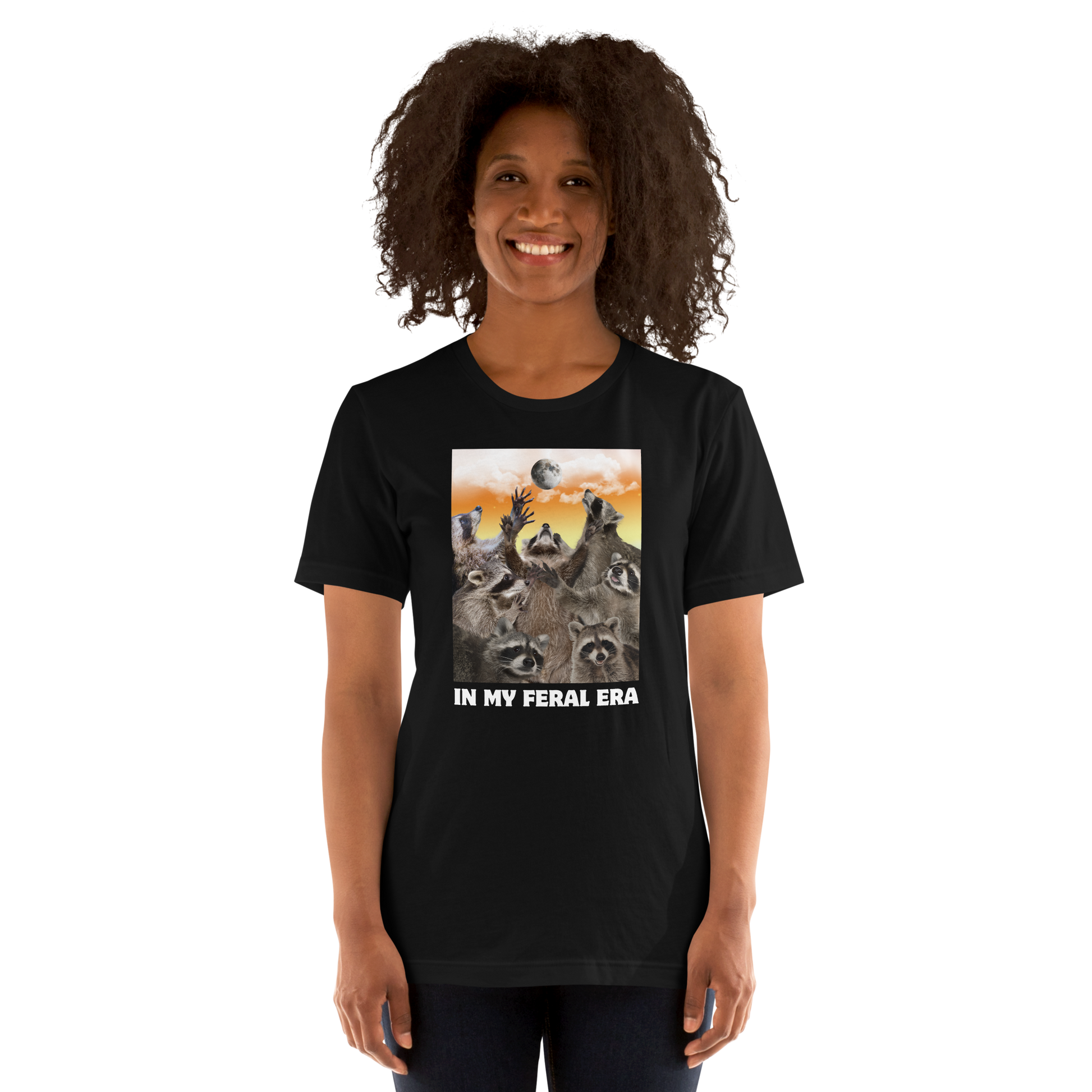 Woman wearing a Funny In My Feral Era Raccoon lightweight graphic t-shirt in black by Boozy Fox