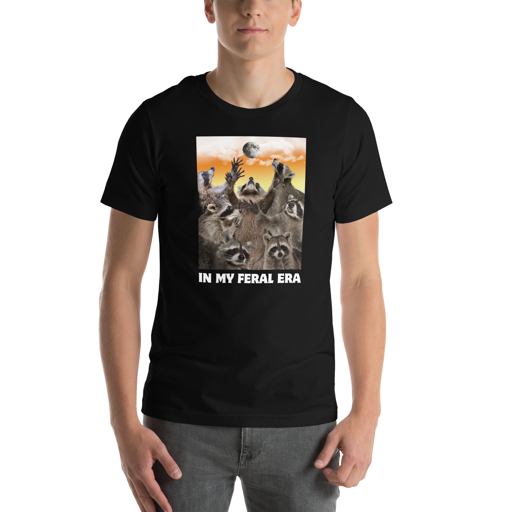 Man wearing a Funny In My Feral Era Raccoon lightweight graphic t-shirt in black by Boozy Fox