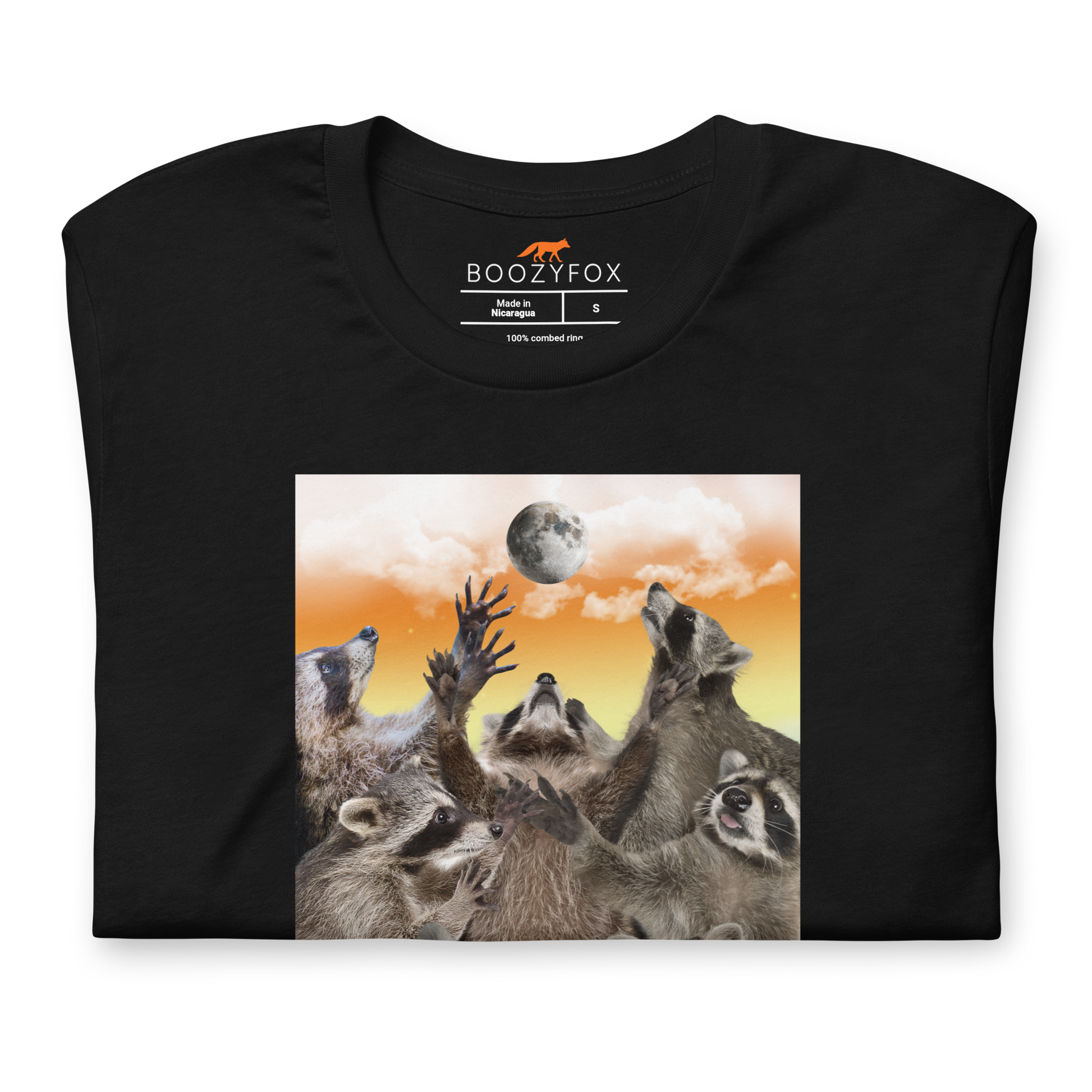 Front details of a Funny In My Feral Era Raccoon lightweight graphic t-shirt in black by Boozy Fox