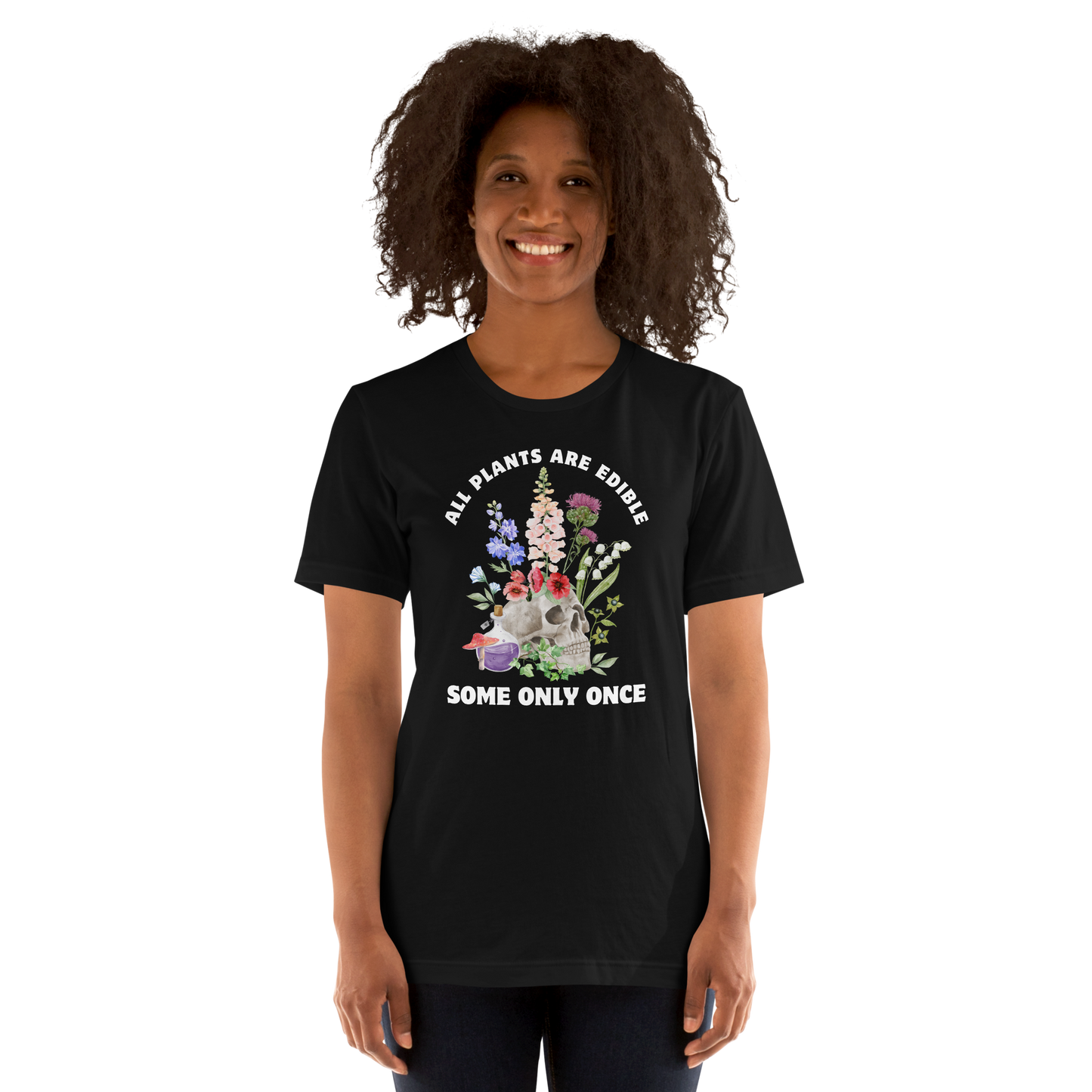 Woman wearing a Funny All Plants Are Edible Some Only Once Plant lightweight graphic t-shirt in black by Boozy Fox