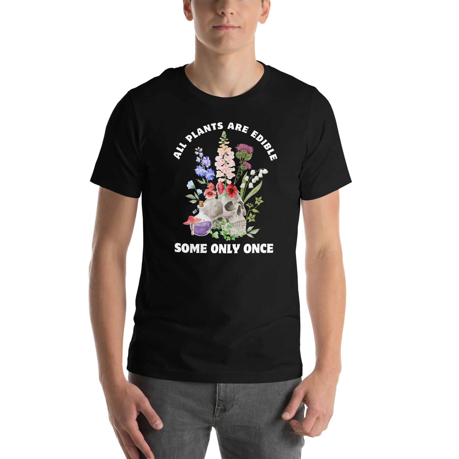 Man wearing a Funny All Plants Are Edible Some Only Once Plant lightweight graphic t-shirt in black by Boozy Fox