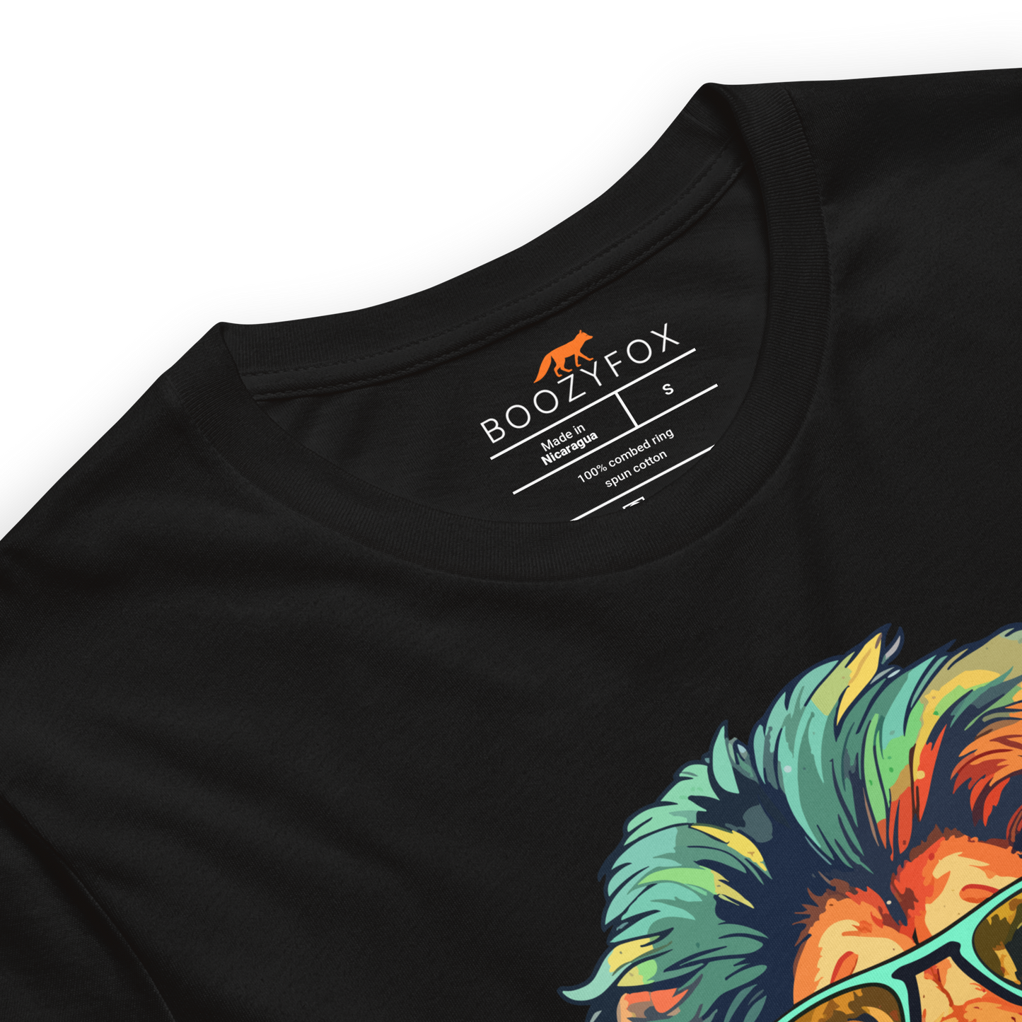 Product details of a Black Premium Lion T-Shirt featuring a captivating Rebel Lion graphic on the chest - Funny Graphic Lion Tees - Boozy Fox
