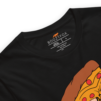 Product details of a Black Premium Melting Pizza Tee featuring a Meltdown Madness graphic on the chest - Funny Graphic Pizza Tees - Boozy Fox