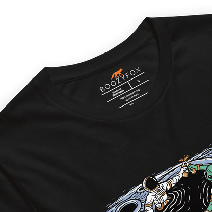 Product details of a Black Premium Galactic Hangs Tee featuring an out-of-this-world graphic of an Astronaut and Alien Chilling Together - Funny Graphic Space Tees - Boozy Fox