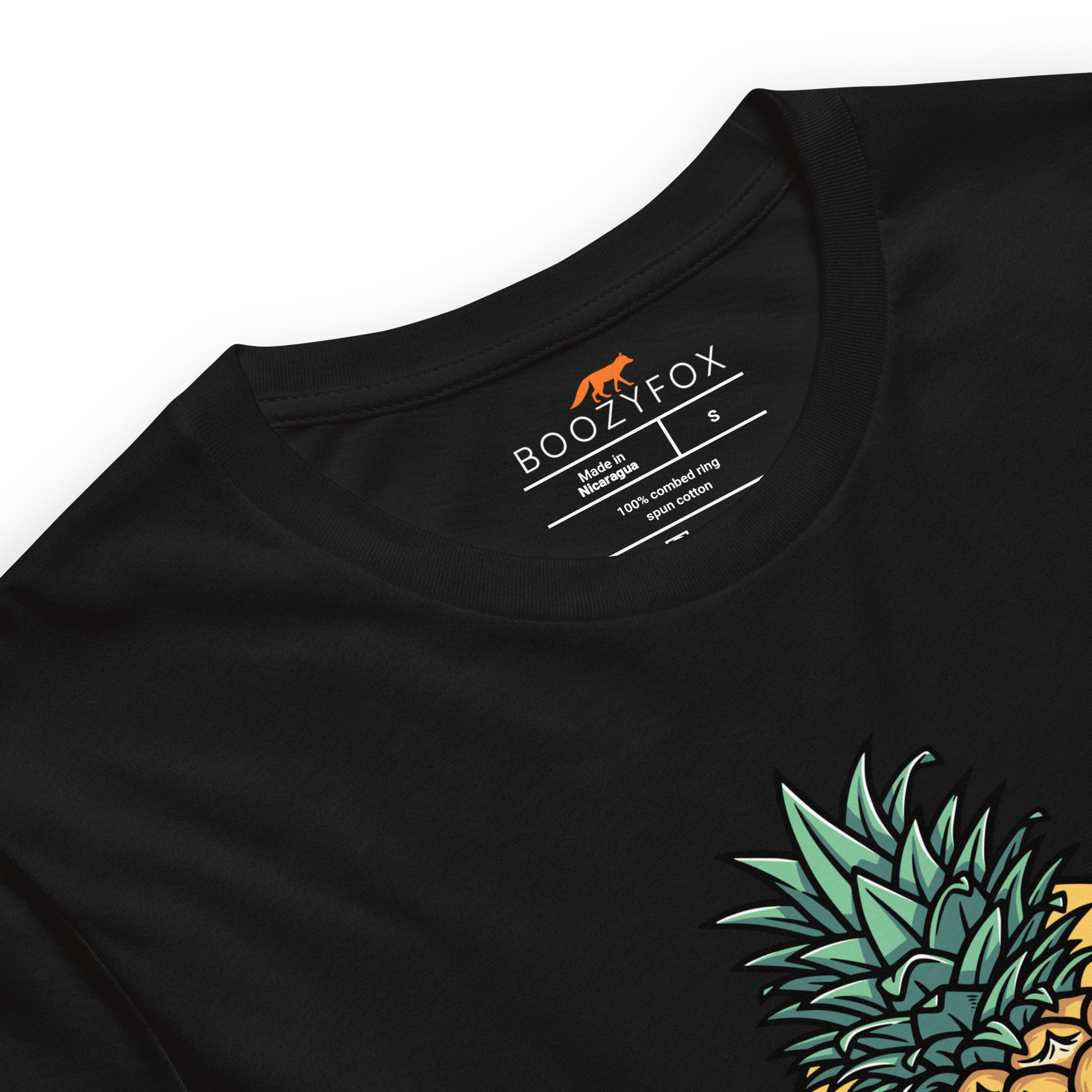 Product details of a Black Premium Tropical Mayhem Tee featuring a Crazy Pineapple Skull graphic on the chest - Funny Graphic Pineapple Tees - Boozy Fox