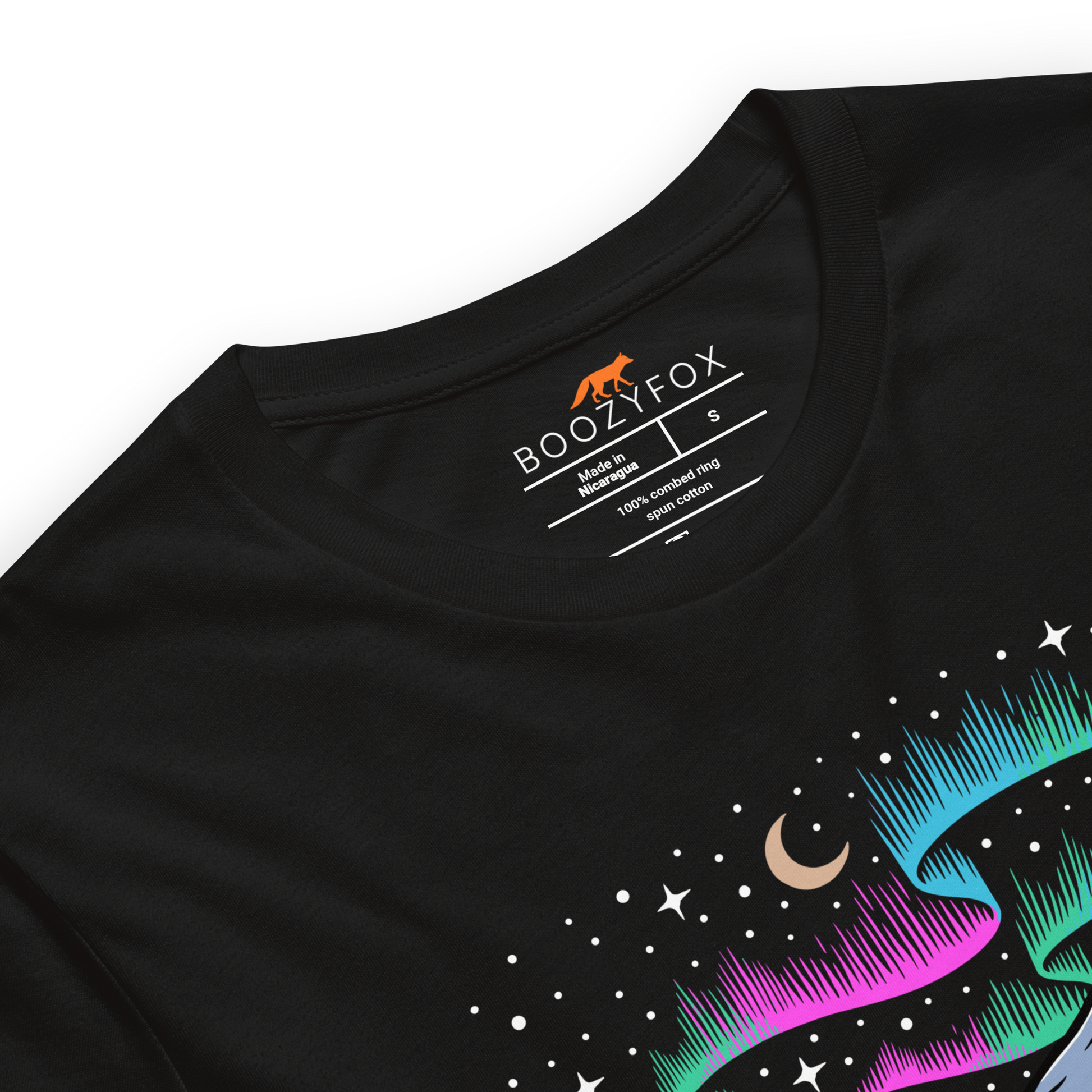 Product details of a Black Premium Let's Get Lost Tee featuring a mesmerizing night sky, adorned with stars and aurora borealis graphic on the chest - Cool Graphic Northern Lights Tees - Boozy Fox