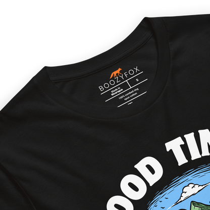 Product details of a Black Premium Good Times Bad Friends Tee featuring a lively graphic of friends enjoying a beer in nature - Funny Graphic Nature Tees - Boozy Fox
