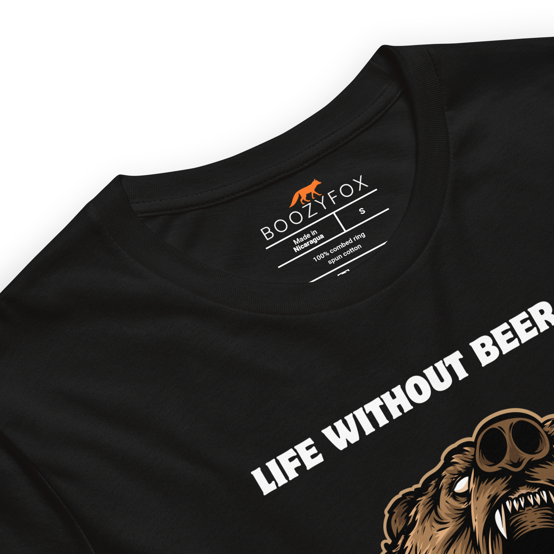 Product details of a Black Premium Bear Tee featuring a Life Without Beer Is Unbeerable graphic design on the chest - Funny Graphic Bear Tees - Boozy Fox