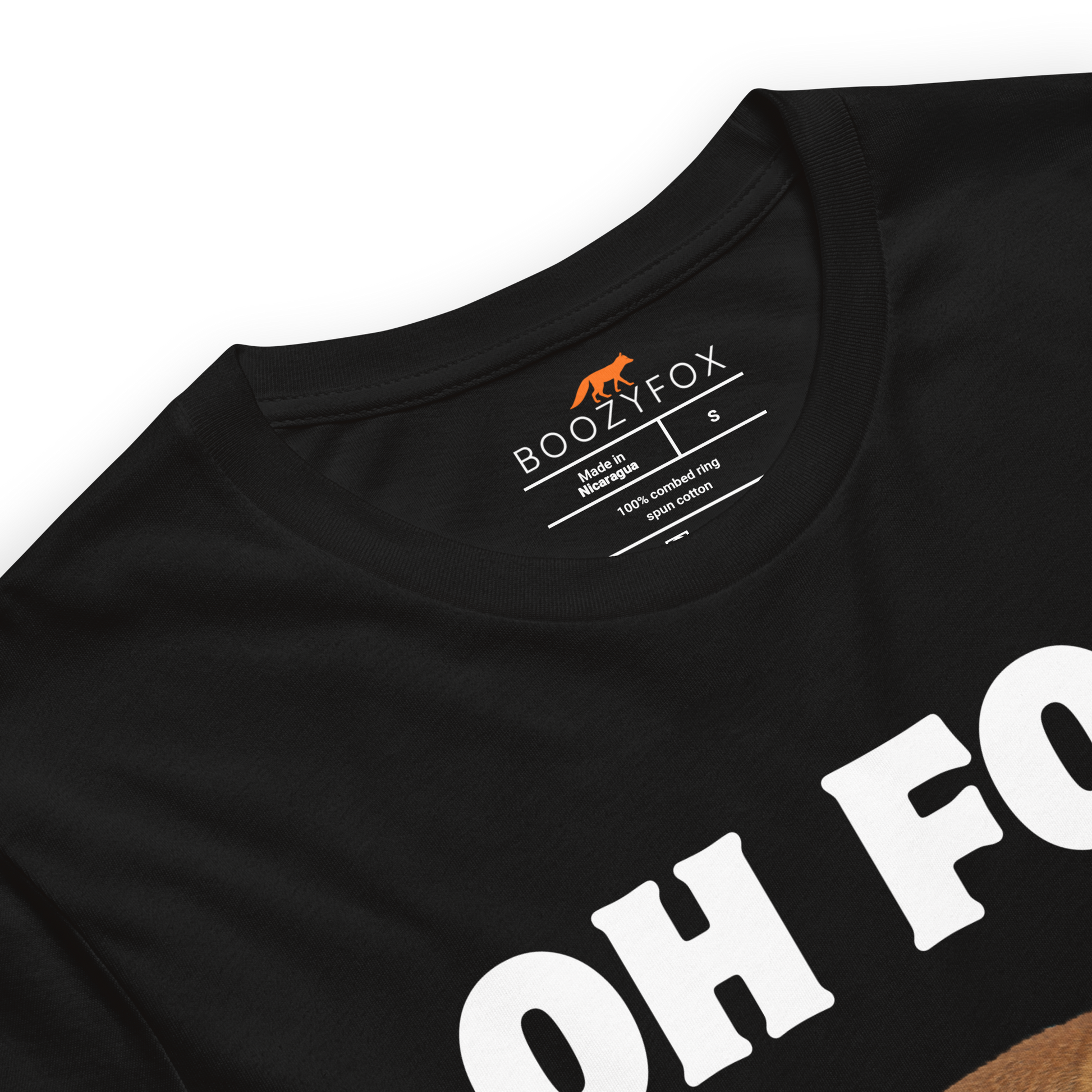 Product details of a Black Premium Fox T-Shirt featuring a Oh For Fox Sake graphic on the chest - Funny Graphic Fox Tees - Boozy Fox