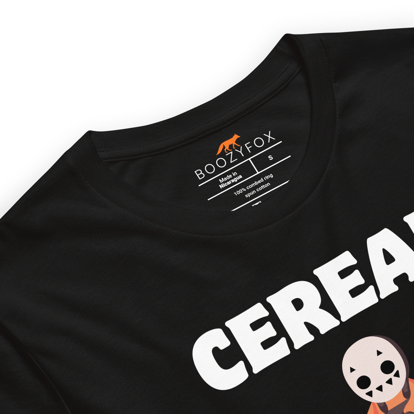 Product details of a Black Premium Cereal Killer Tee featuring a Cereal Killer graphic on the chest - Funny Graphic Tees - Boozy Fox