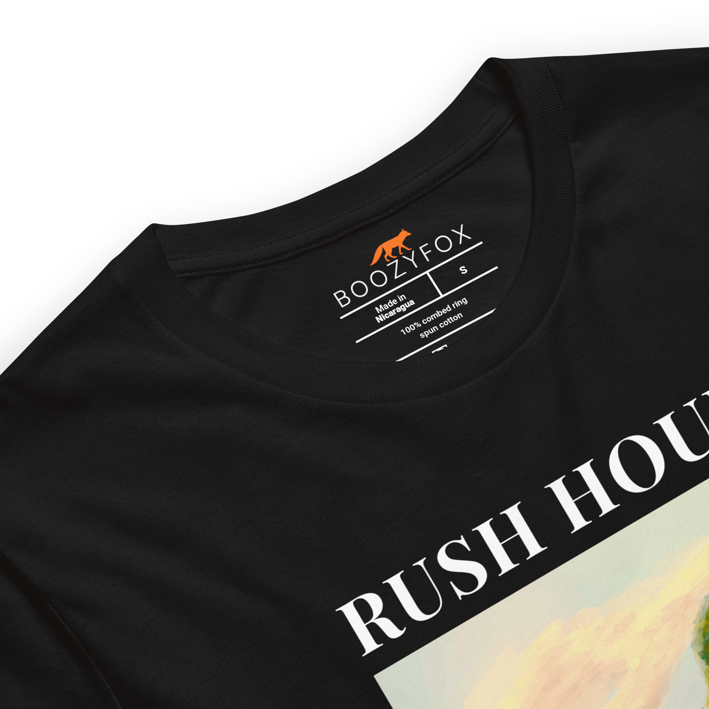 Product details of a Funny Highland Cow Rush Hour in Scotland lightweight graphic tee in black by Boozy Fox