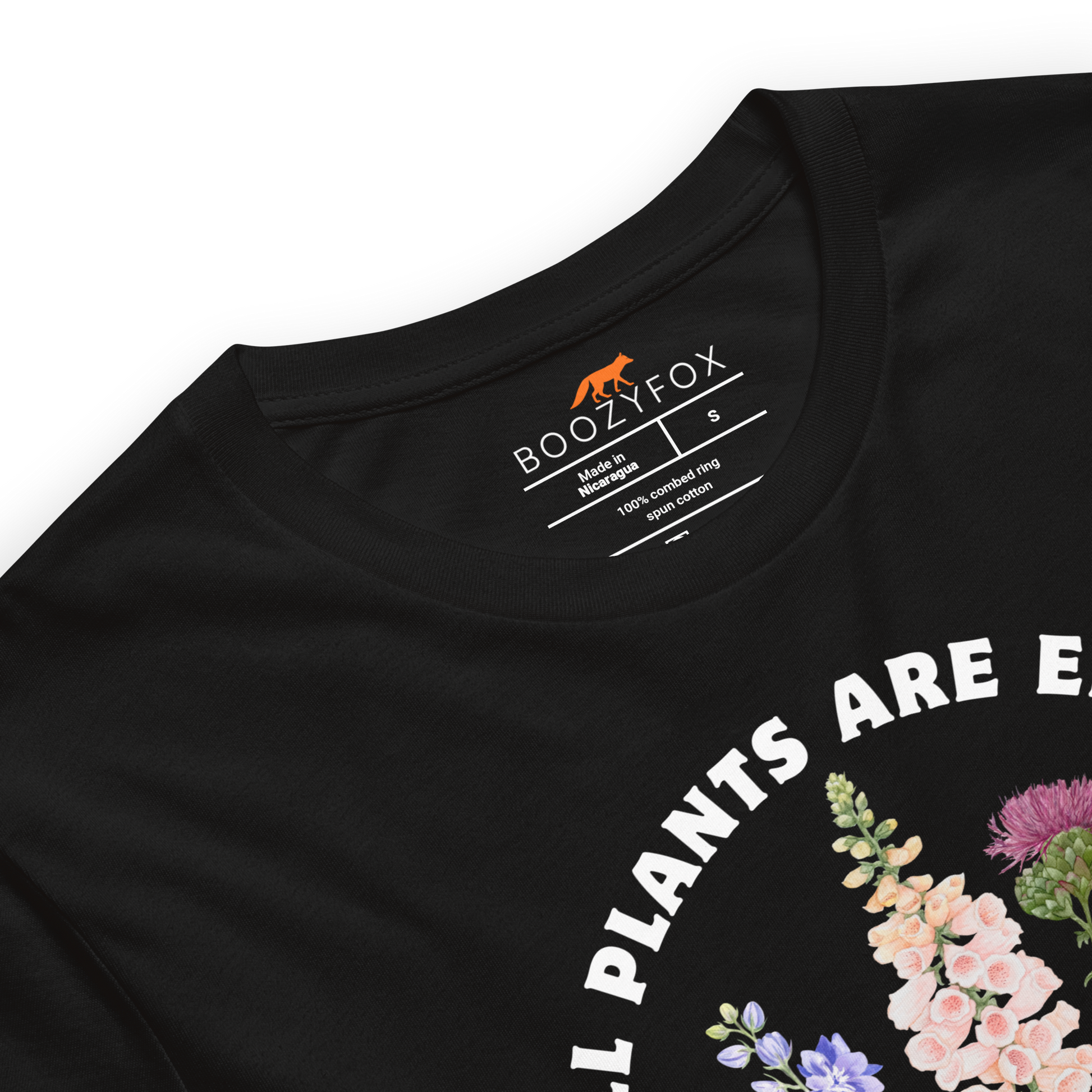 Product details of a Funny All Plants Are Edible Some Only Once Plant lightweight graphic t-shirt in black by Boozy Fox