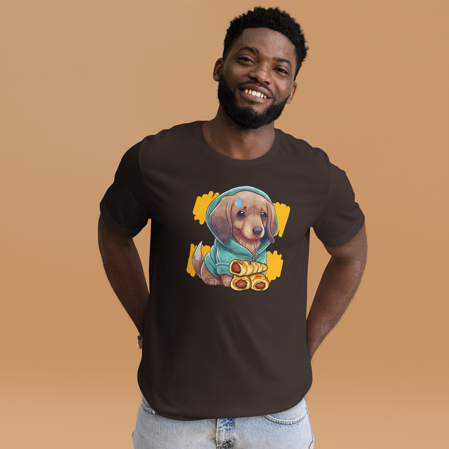 Smiling man wearing a Brown Premium Sausage Dog T-Shirt featuring an adorable sausage roll dachshund graphic on the chest - Cute Graphic Dachshund  Tees - Boozy Fox
