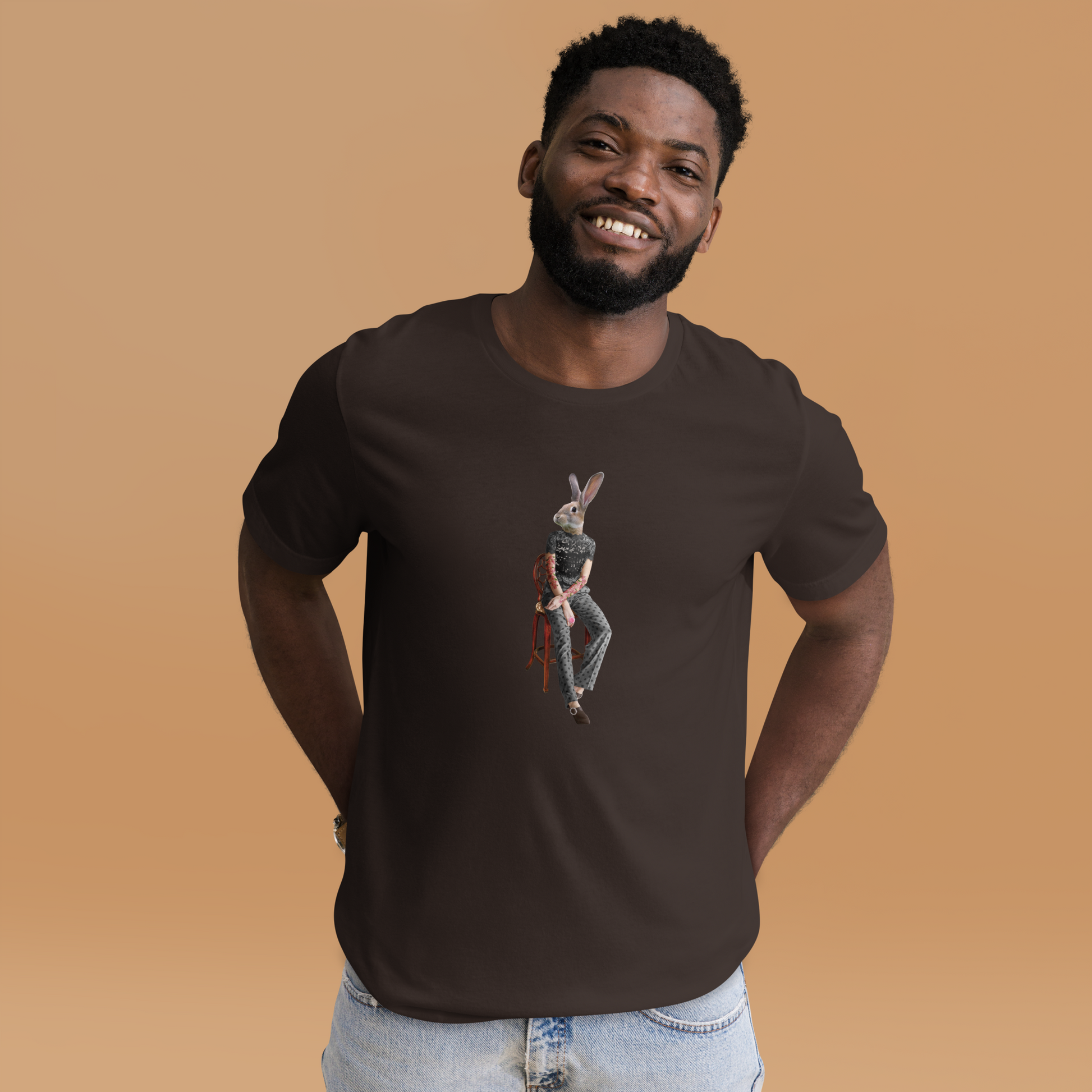 Smiling man wearing a Brown Anthropomorphic Rabbit Tee - Boozy Fox