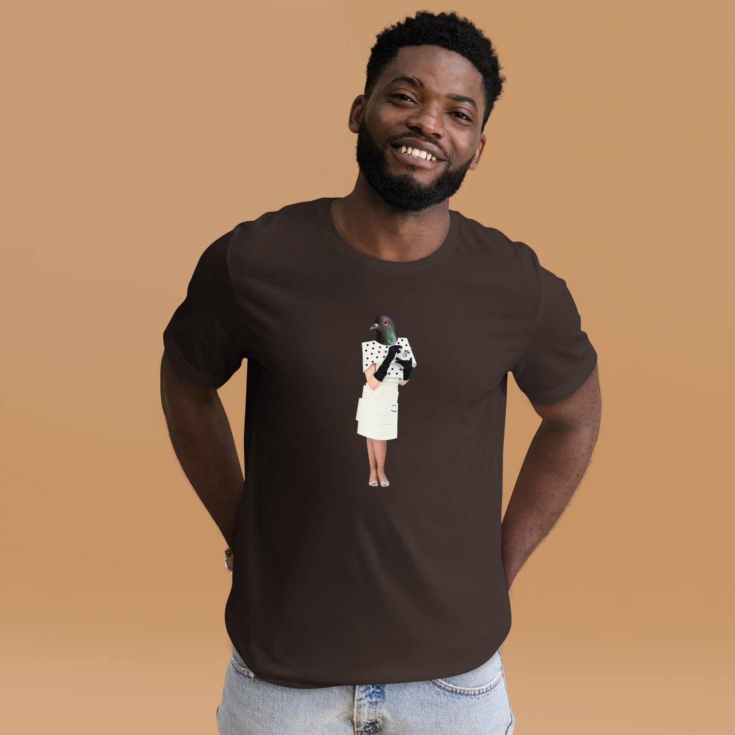 Smiling man wearing a Brown Anthropomorphic Pigeon Tee - Boozy Fox