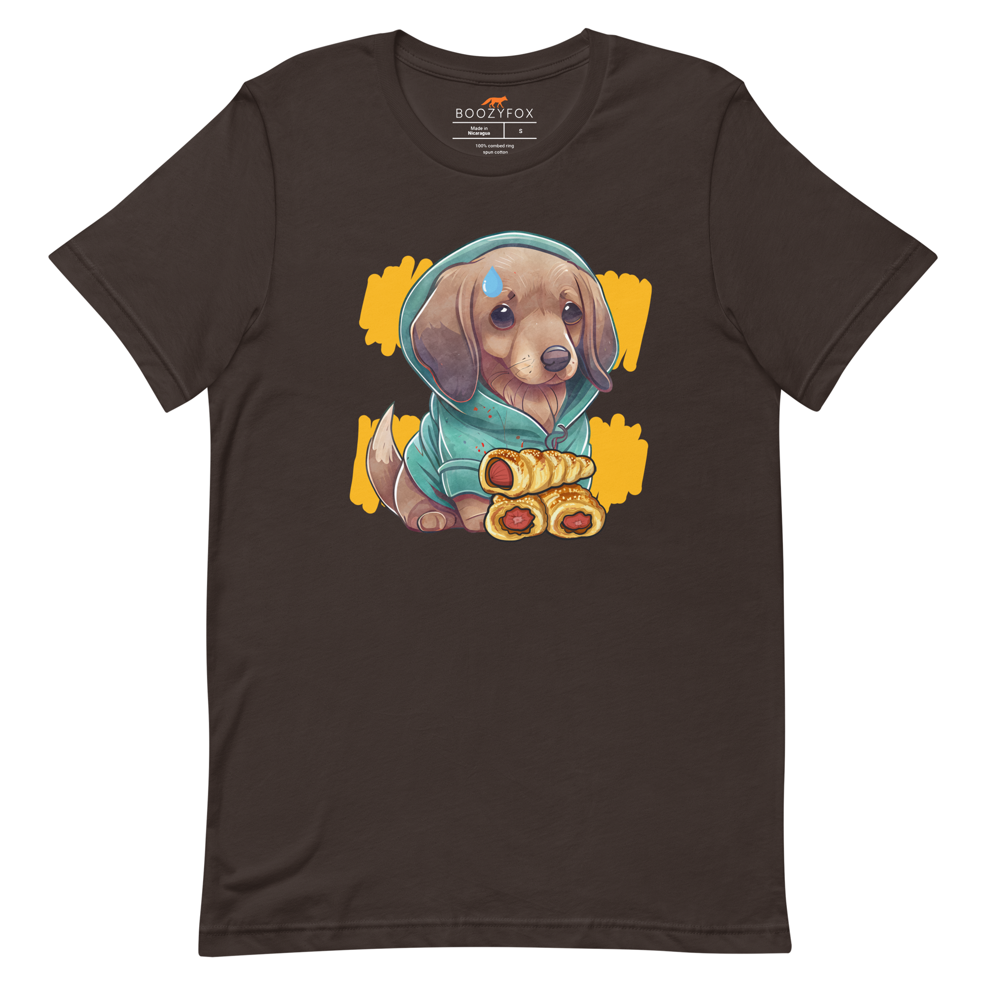 Brown Premium Sausage Dog T-Shirt featuring an adorable sausage roll dachshund graphic on the chest - Cute Graphic Dachshund  Tees - Boozy Fox