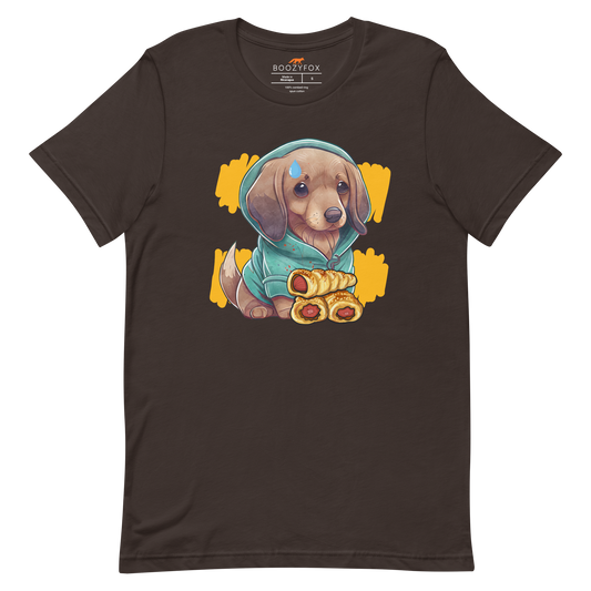 Brown Premium Sausage Dog T-Shirt featuring an adorable sausage roll dachshund graphic on the chest - Cute Graphic Dachshund  Tees - Boozy Fox