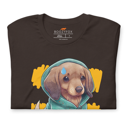 Front details of a Brown Premium Sausage Dog T-Shirt featuring an adorable sausage roll dachshund graphic on the chest - Cute Graphic Dachshund  Tees - Boozy Fox
