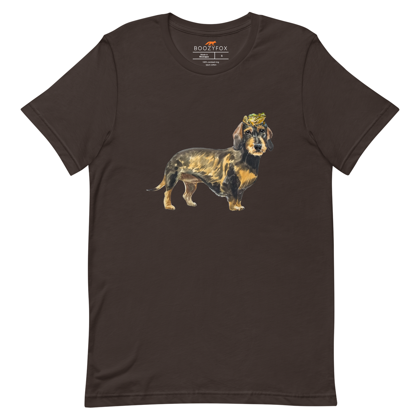 Brown Premium Dachshund T-Shirt featuring an adorable Frog on a Dachshund's Head graphic on the chest - Cute Graphic Dachshund Tees - Boozy Fox
