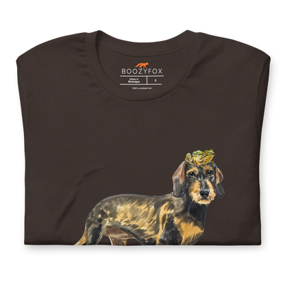 Front details of a Brown Premium Dachshund T-Shirt featuring an adorable Frog on a Dachshund's Head graphic on the chest - Cute Graphic Dachshund Tees - Boozy Fox
