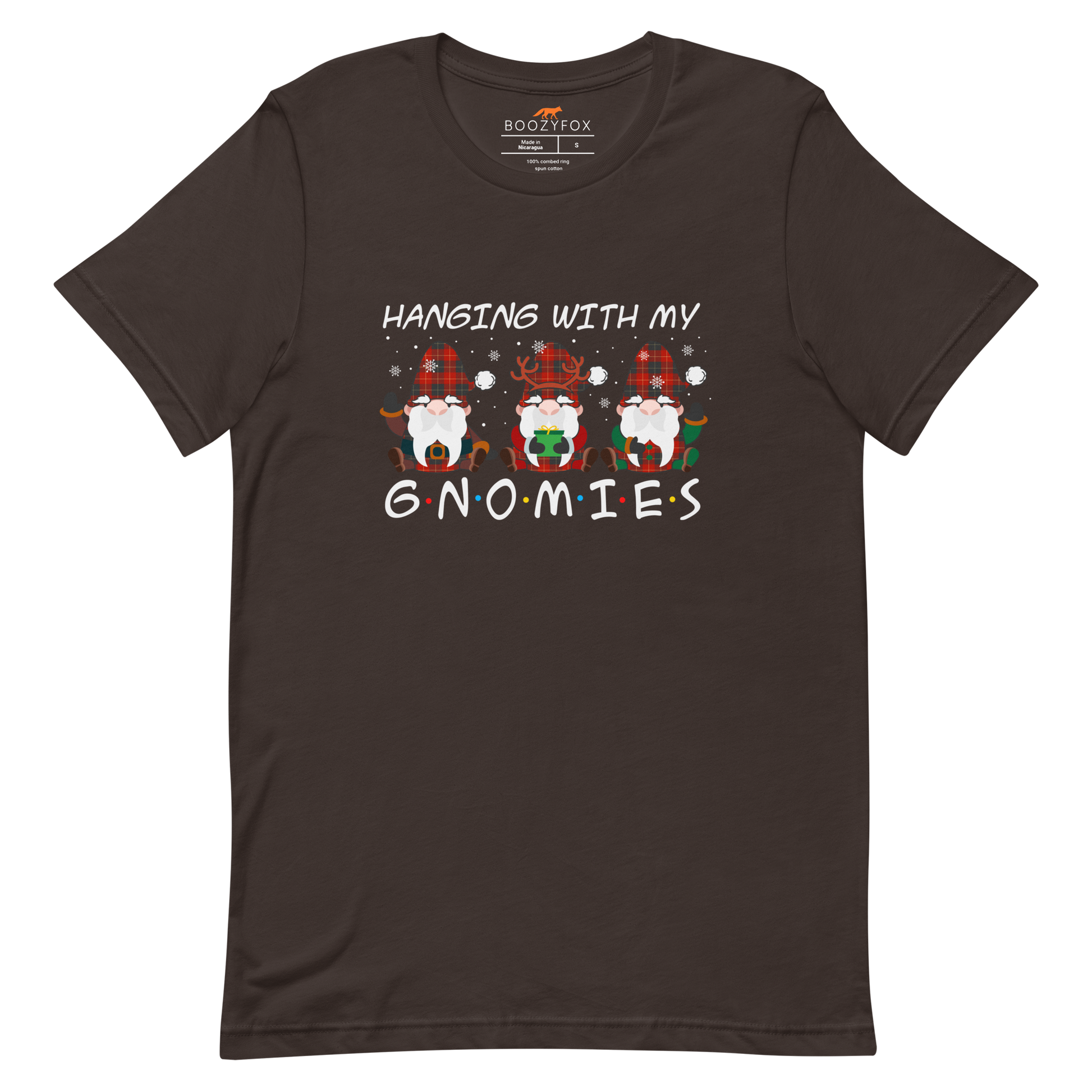 Brown Premium Christmas Gnome Tee featuring a delight Hanging With My Gnomies graphic on the chest - Funny Christmas Graphic Gnome Tees - Boozy Fox