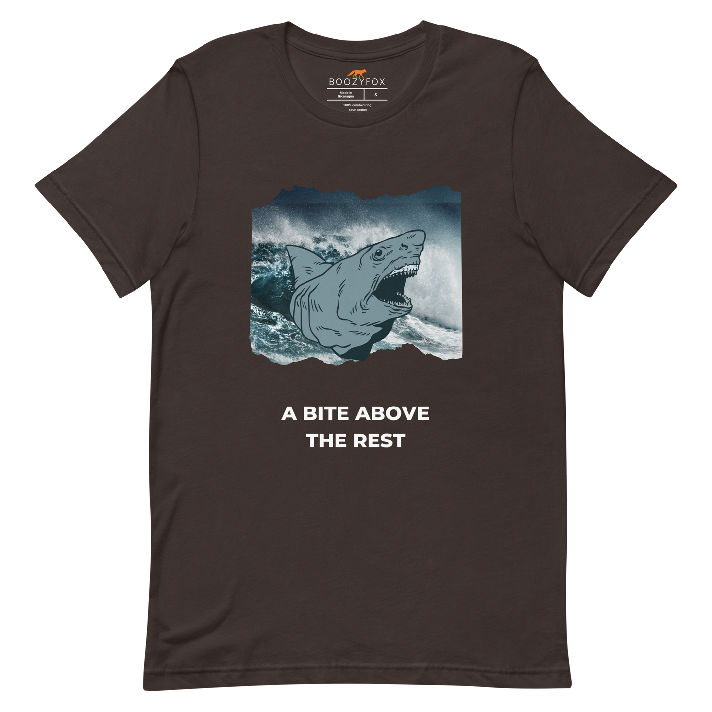 Brown Premium Megalodon Tee featuring A Bite Above the Rest graphic on the chest - Funny Graphic Megalodon Tees - Boozy Fox