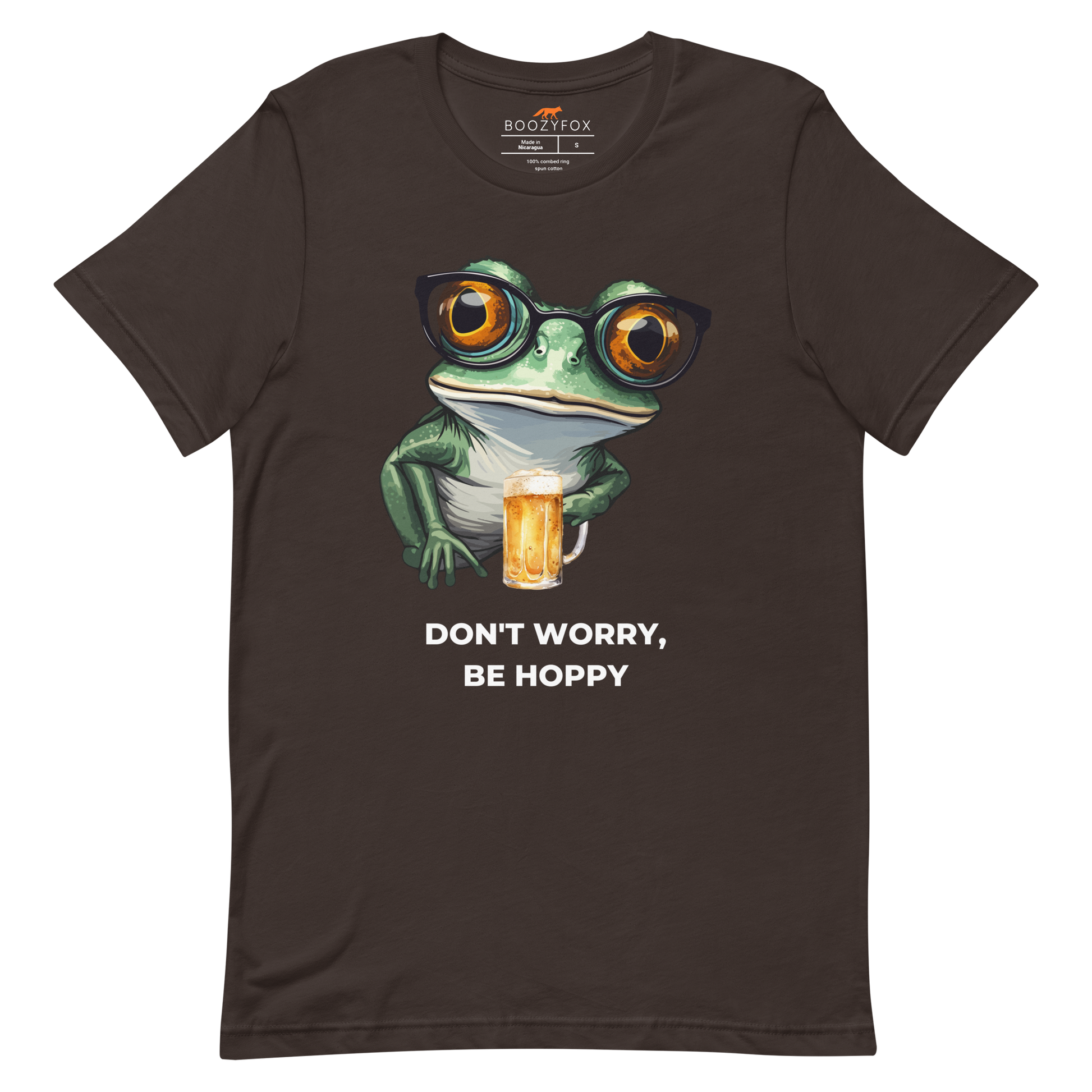 Brown Premium Frog Tee featuring a funny Don't Worry, Be Hoppy graphic on the chest - Funny Graphic Frog Tees - Boozy Fox