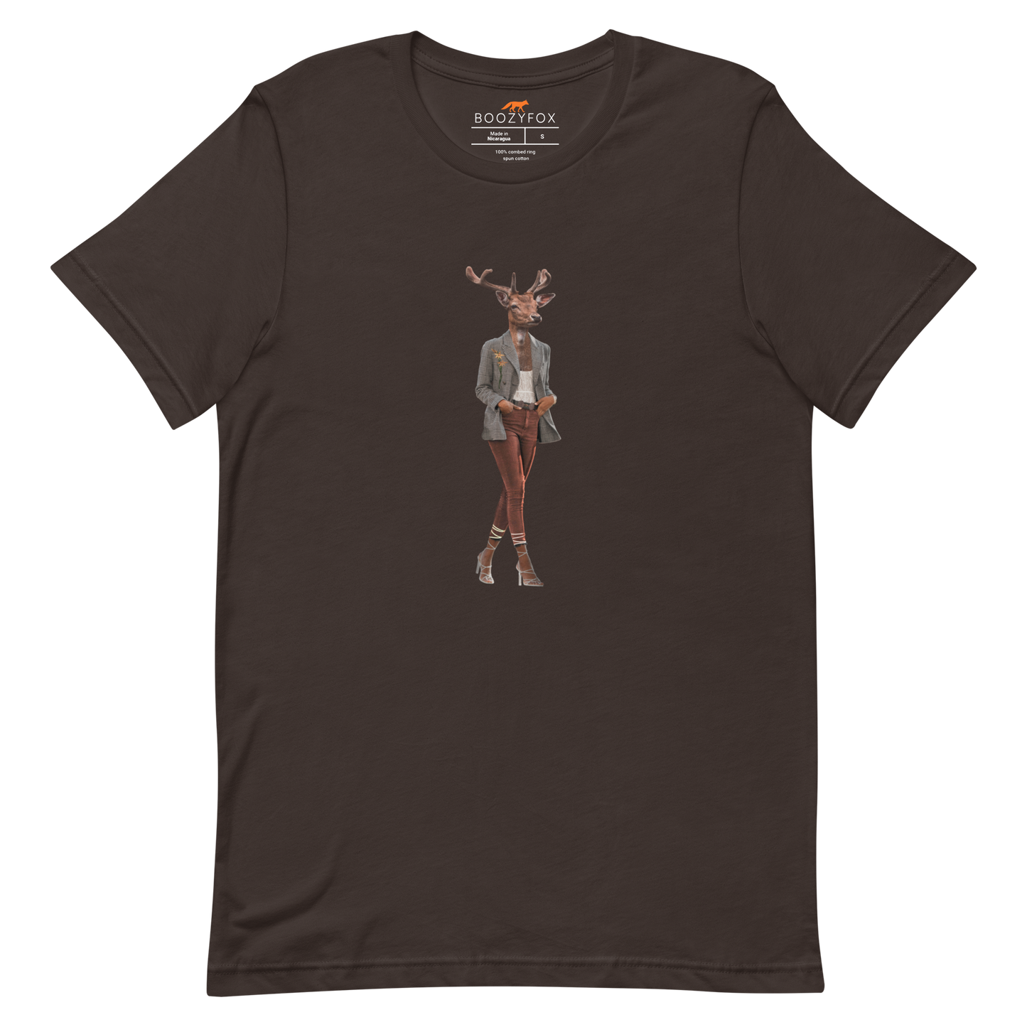 Brown Premium Deer T-Shirt featuring an Anthropomorphic Deer graphic on the chest - Funny Graphic Deer Tees - Boozy Fox