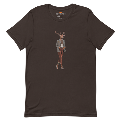 Brown Premium Deer T-Shirt featuring an Anthropomorphic Deer graphic on the chest - Funny Graphic Deer Tees - Boozy Fox