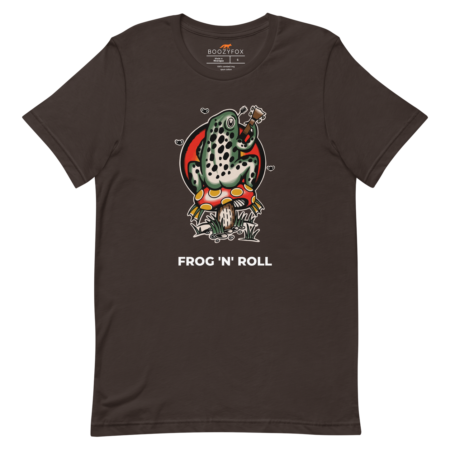 Brown Premium Frog Tee featuring a funny Frog 'n' Roll graphic on the chest - Funny Graphic Frog Tees - Boozy Fox