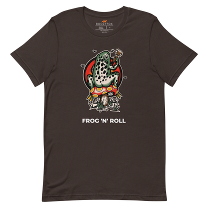 Brown Premium Frog Tee featuring a funny Frog 'n' Roll graphic on the chest - Funny Graphic Frog Tees - Boozy Fox