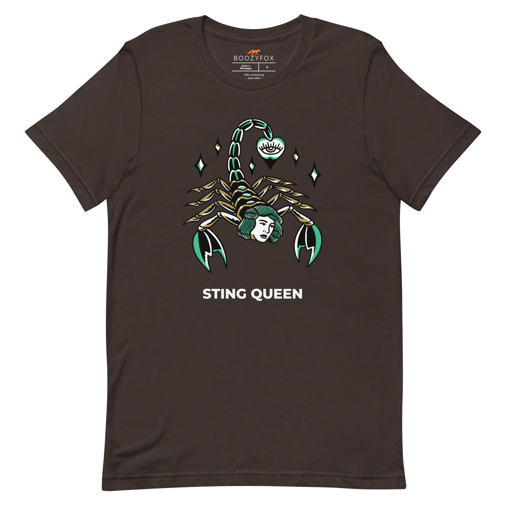 Brown Premium Scorpion Tee featuring The Sting Queen graphic on the chest - Cool Graphic Scorpion Tees - Boozy Fox