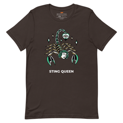 Brown Premium Scorpion Tee featuring The Sting Queen graphic on the chest - Cool Graphic Scorpion Tees - Boozy Fox
