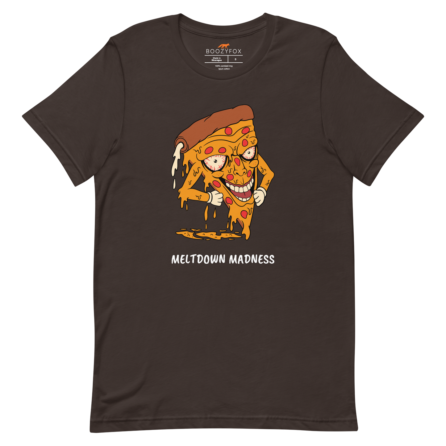 Brown Premium Melting Pizza Tee featuring a Meltdown Madness graphic on the chest - Funny Graphic Pizza Tees - Boozy Fox