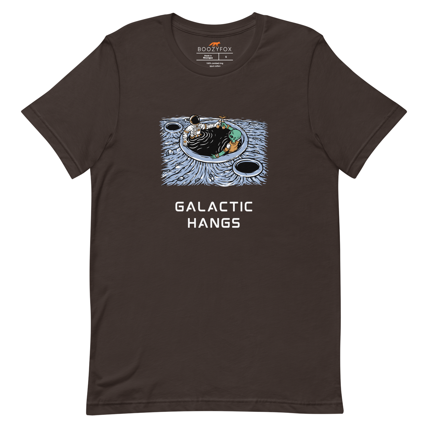 Brown Premium Galactic Hangs Tee featuring an out-of-this-world graphic of an Astronaut and Alien Chilling Together - Funny Graphic Space Tees - Boozy Fox