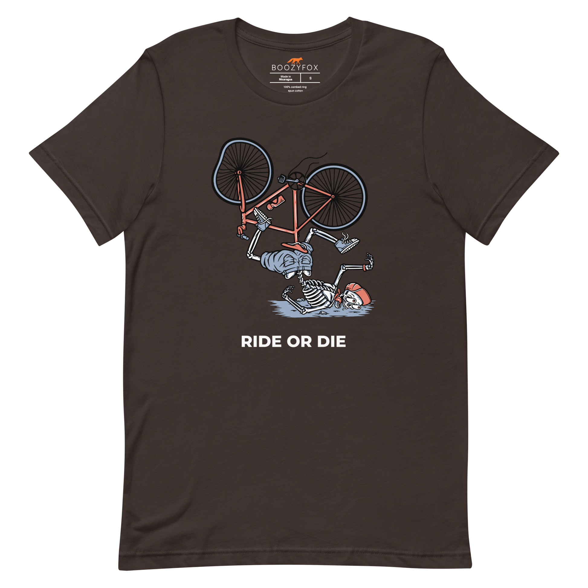 Brown Premium Ride or Die Tee featuring a bold Skeleton Falling While Riding a Bicycle graphic on the chest - Funny Graphic Skeleton Tees - Boozy Fox