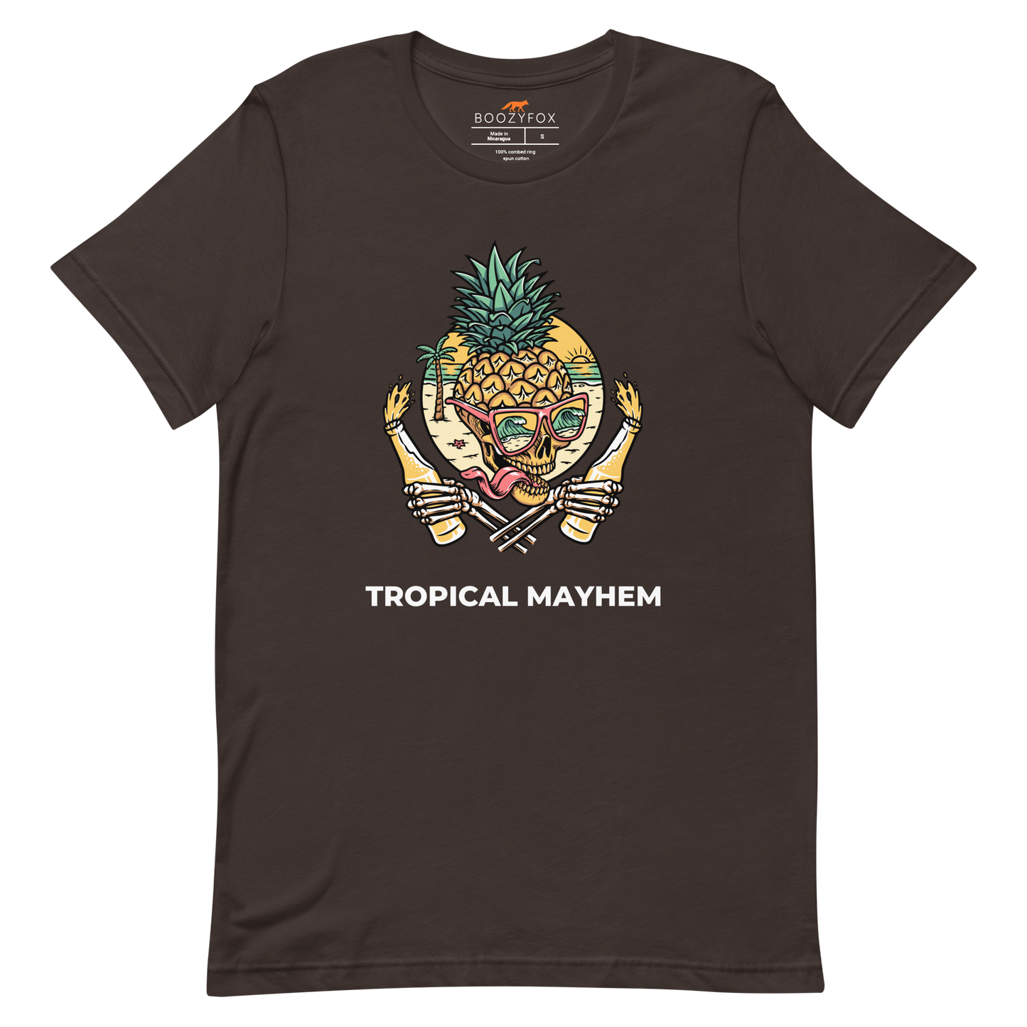 Brown Premium Tropical Mayhem Tee featuring a Crazy Pineapple Skull graphic on the chest - Funny Graphic Pineapple Tees - Boozy Fox