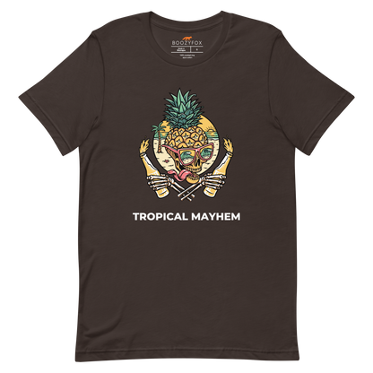Brown Premium Tropical Mayhem Tee featuring a Crazy Pineapple Skull graphic on the chest - Funny Graphic Pineapple Tees - Boozy Fox