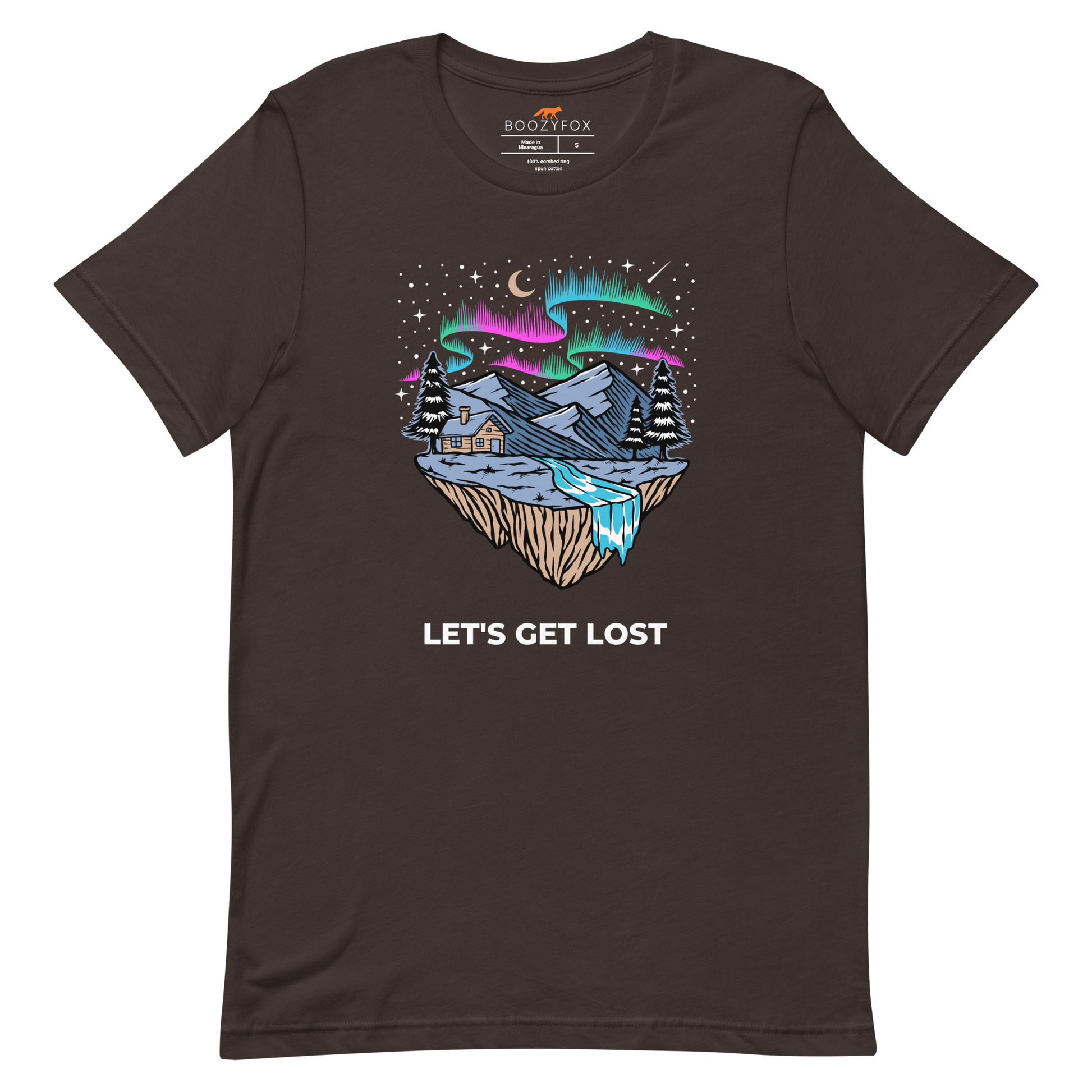 Brown Premium Let's Get Lost Tee featuring a mesmerizing night sky, adorned with stars and aurora borealis graphic on the chest - Cool Graphic Northern Lights Tees - Boozy Fox