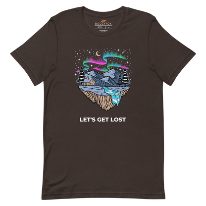 Brown Premium Let's Get Lost Tee featuring a mesmerizing night sky, adorned with stars and aurora borealis graphic on the chest - Cool Graphic Northern Lights Tees - Boozy Fox