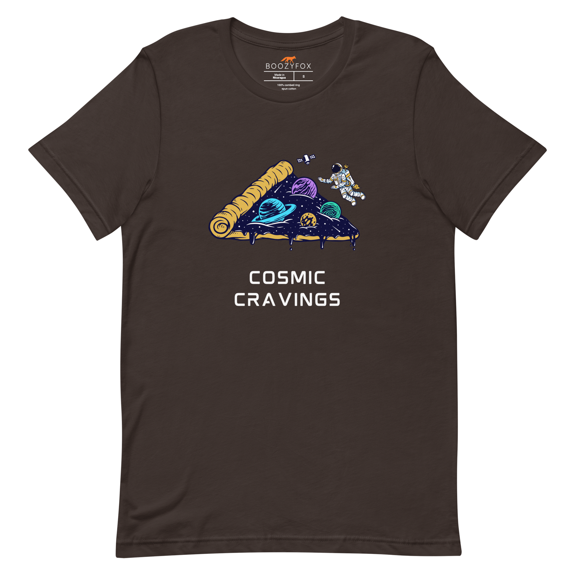 Brown Premium Cosmic Cravings Tee featuring an Astronaut Exploring a Pizza Universe graphic on the chest - Funny Graphic Space Tees - Boozy Fox