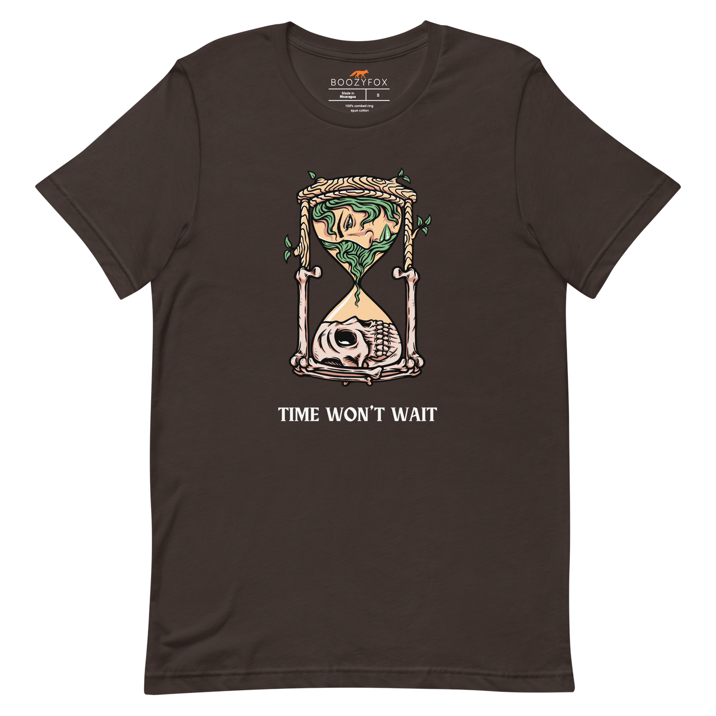 Brown Premium Hourglass Tee featuring a captivating Time Won't Wait graphic on the chest - Cool Graphic Hourglass Tees - Boozy Fox
