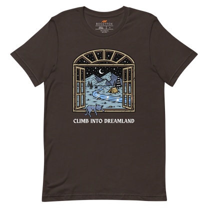Brown Premium Climb Into Dreamland Tee featuring a mesmerizing mountain view graphic on the chest - Cool Graphic Nature Tees - Boozy Fox