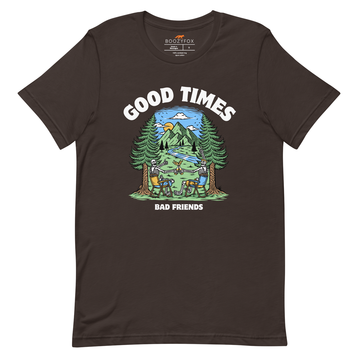 Brown Premium Good Times Bad Friends Tee featuring a lively graphic of friends enjoying a beer in nature - Funny Graphic Nature Tees - Boozy Fox